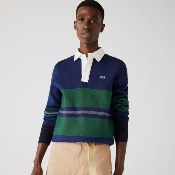 Lacoste Striped Rugby Sweater Pánské - Svetr Tmavě Blankyt Blankyt / Blankyt / Zelene / Béžový / Bíl